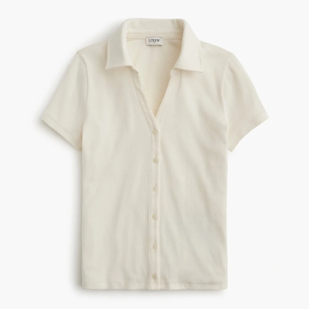 J.Crew Short-sleeve sweater ribbed button up polo top cotton ivory large [L] NWT